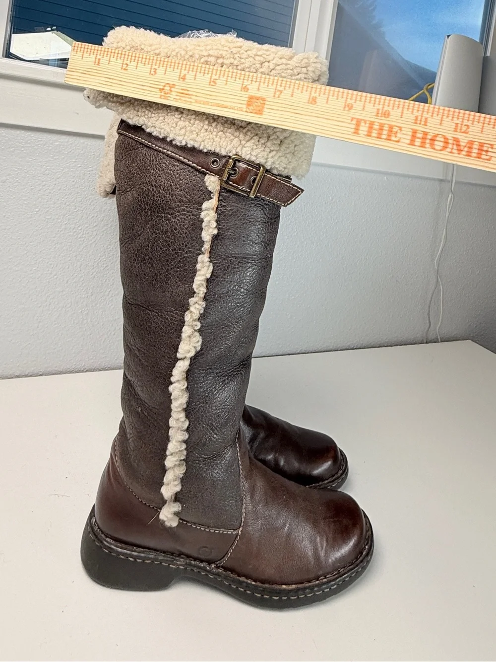 Born Leather Shearling Fold Over Tall Boots Brown Womens Size 8 EU 39